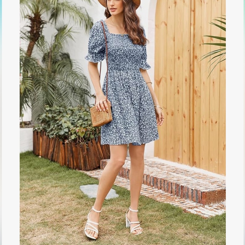 Women's Mini Dress Puff Sleeve Square Neck Flowy Boho Floral Smocked Short Dress
